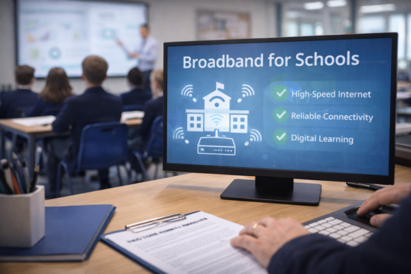 Monitor showing a broadband for schools graphic on a teacher's desk, with a class of pupils behind