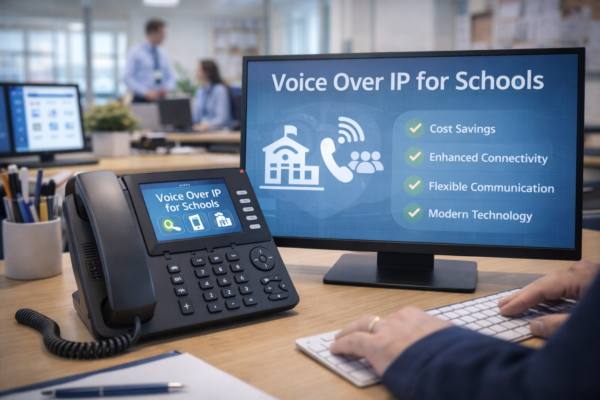 Desk VoIP phone in front of a monitor listing the benefits of Voice over IP for schools