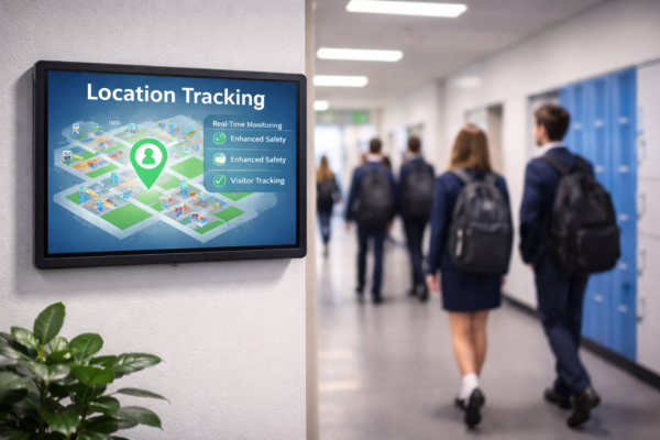 Wall screen showing a location tracking floor map in a school corridor as pupils walk past
