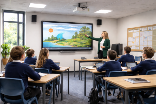 Teacher pointing at an interactive display at the front of a classroom of pupils at desks