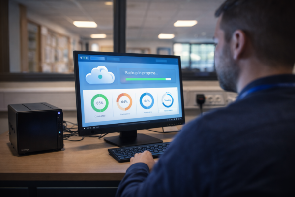Technician watching a cloud backup progress dashboard on a monitor beside a network storage unit