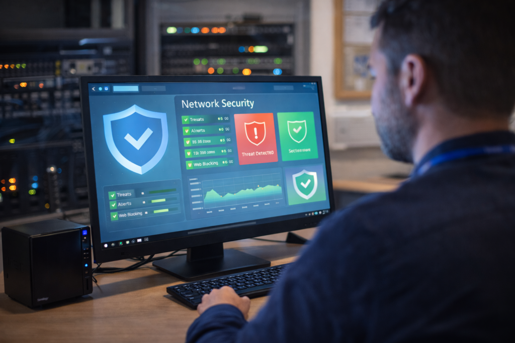 IT technician viewing a network security dashboard with shield and alert icons on a monitor