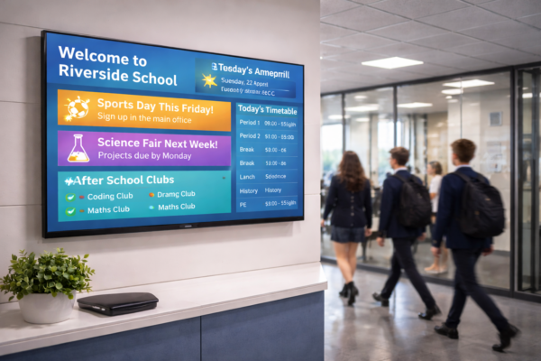 Digital sign in a school entrance showing a welcome message, events, clubs and the day's timetable