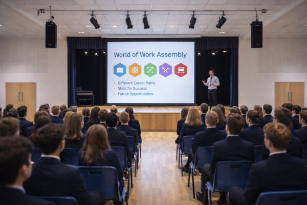 Pupils in a school hall watching a presentation on a projector screen, with stage speakers and lights