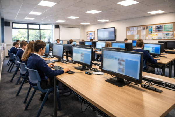 Pupils working at rows of desktop computers in a school ICT suite