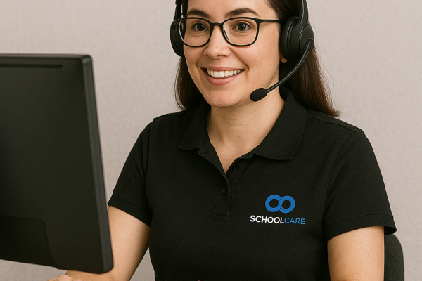 Smiling SchoolCare helpdesk technician wearing a headset, seated at a computer monitor
