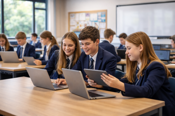 Secondary pupils in uniform working on laptops and a tablet at classroom desks