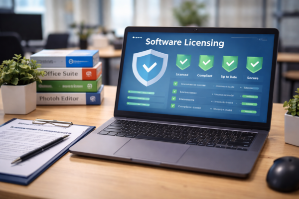 Laptop showing a software licensing compliance dashboard beside boxed software and a signed agreement