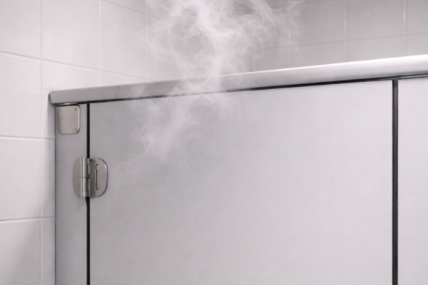 Vapour rising above a cubicle door in a school toilet