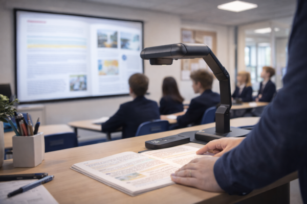 Teacher using a document camera to show a textbook page on the classroom screen