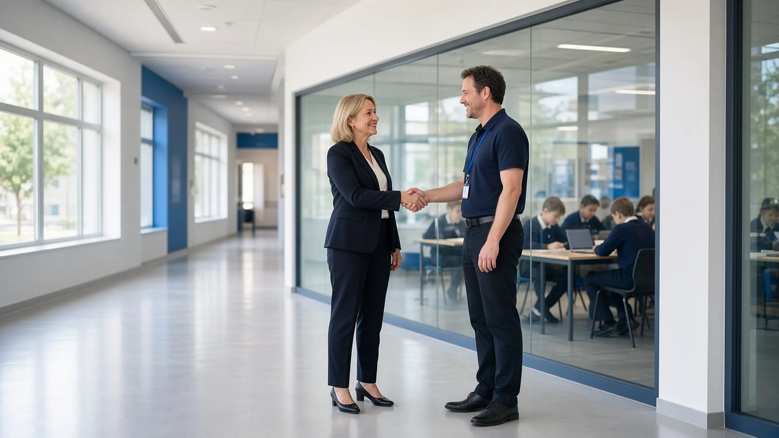 IT engineer shaking hands with a school leader in a corridor beside a glass-walled classroom