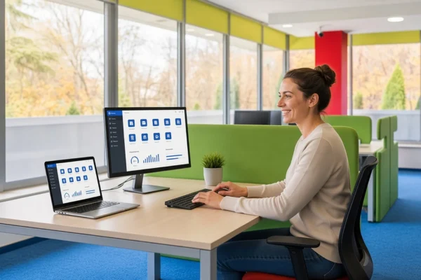 Woman at a desk using a website control panel on a monitor and laptop