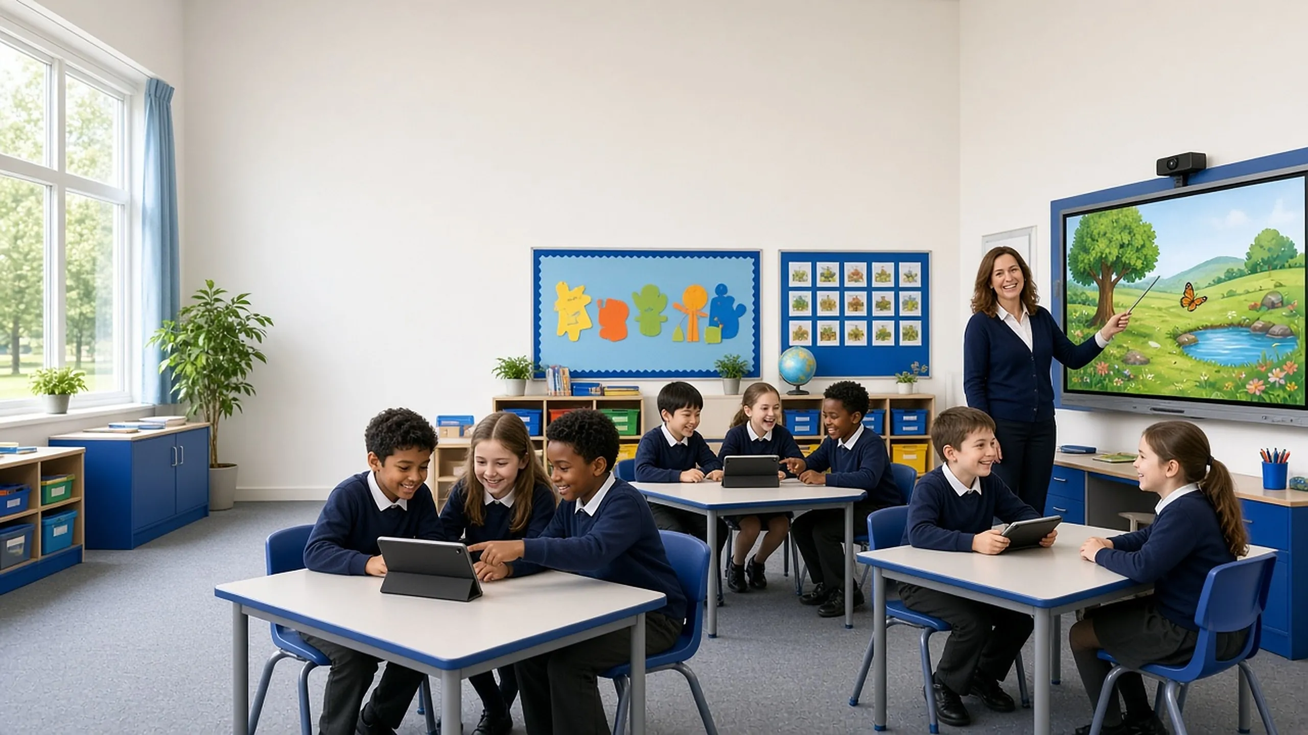 Primary pupils working on tablets in groups while their teacher points at an interactive display